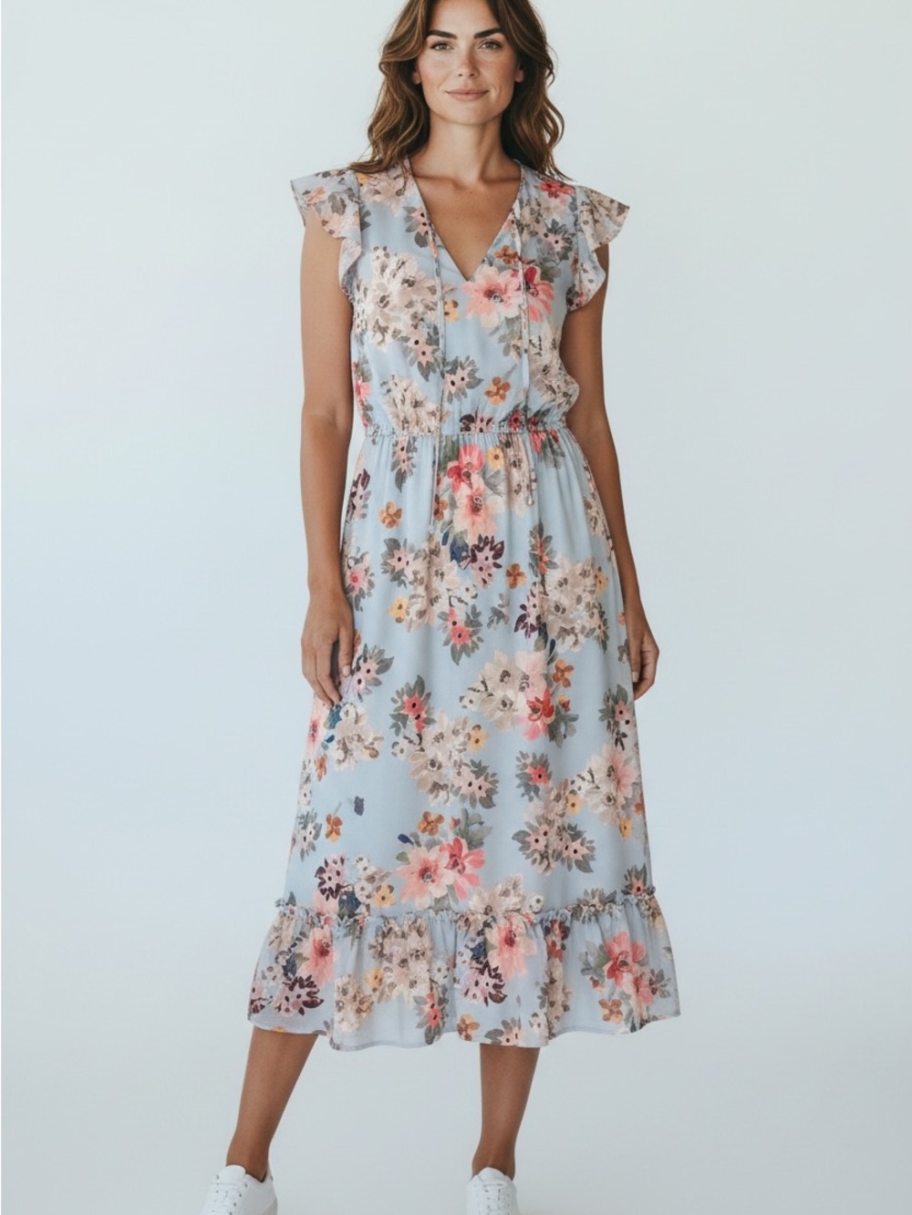 Shoshanna Light Blue Floral V-Neck Ruffle Midi Dress